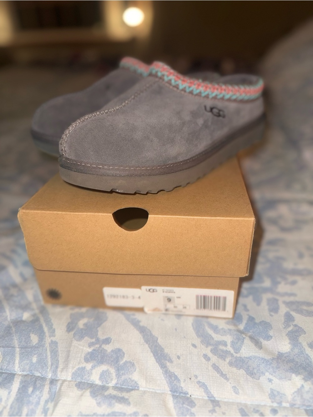 UGG Kids Gray Suede Slip-On Clog with Pink and Light Blue Trim